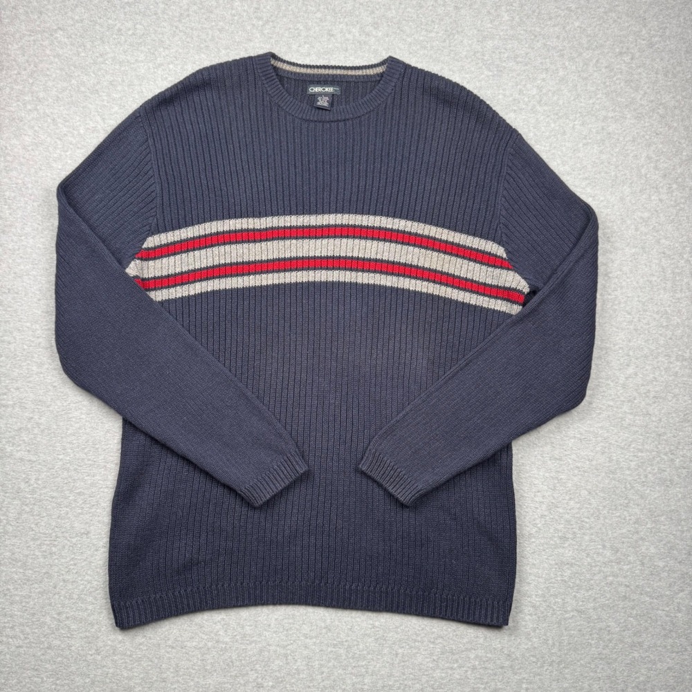 Cherokee Brand Mens Large Navy Blue Ribbed Knit Striped Crewneck Sweater Vintage